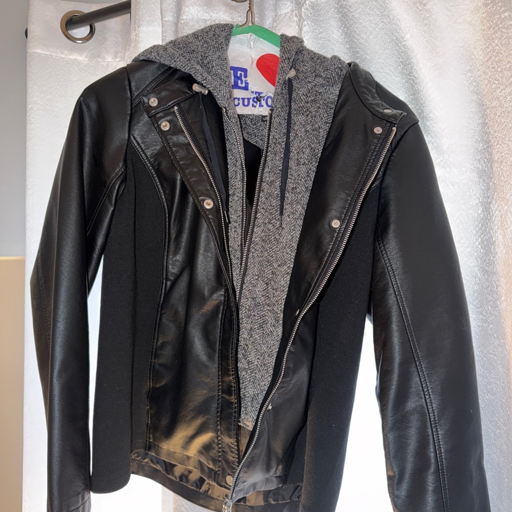 Black and Gray Faux Leather Jacket with Hoodie